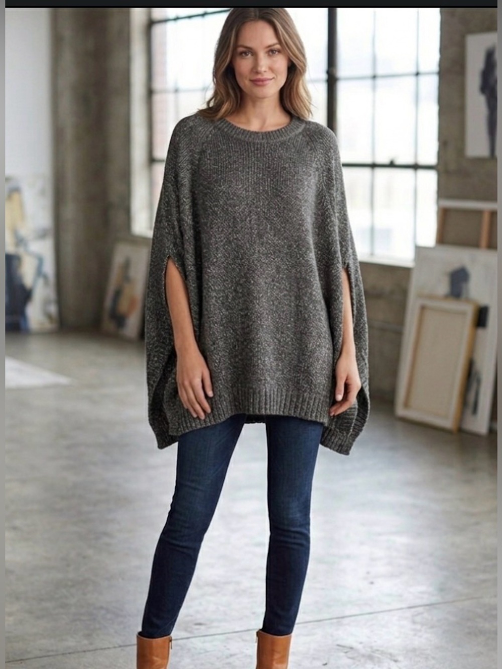CAbi Charcoal Shimmer Poncho Sweater size Medium